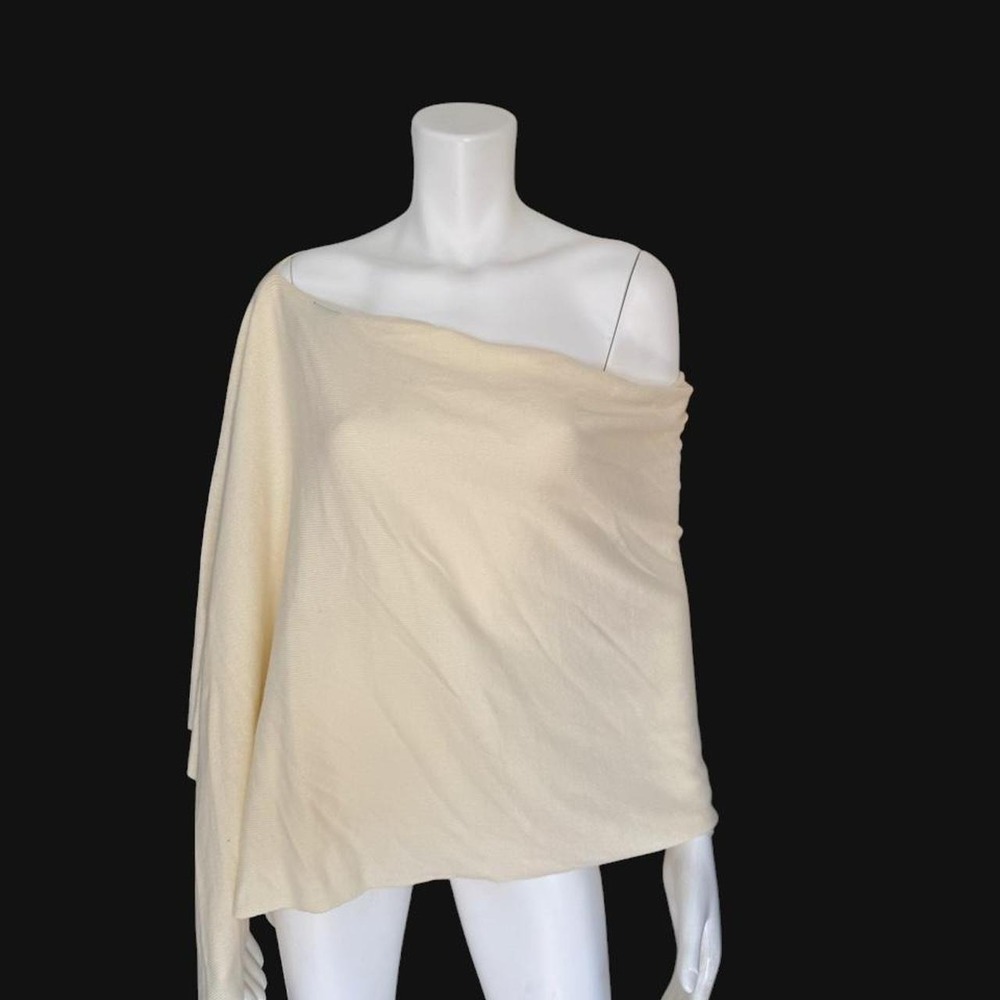 Knitway Cream Asymmetrical Poncho Sweater S/M Off Shoulder Draped Knit